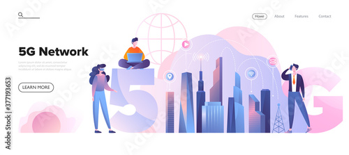 Web page template for a 5G network concept in city environment with diverse people using fast cellular connections for global telecommunication, colored vector illustration