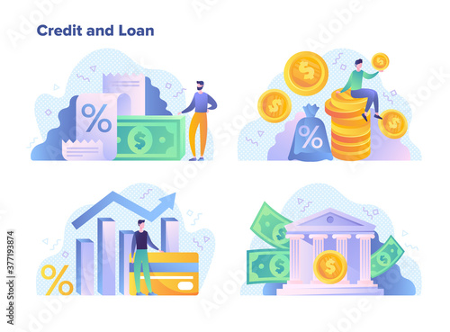 Credit and loan facilities for financial goals concept showing money, interest rates, statistical performance graphs, banking and success, colored vector illustration