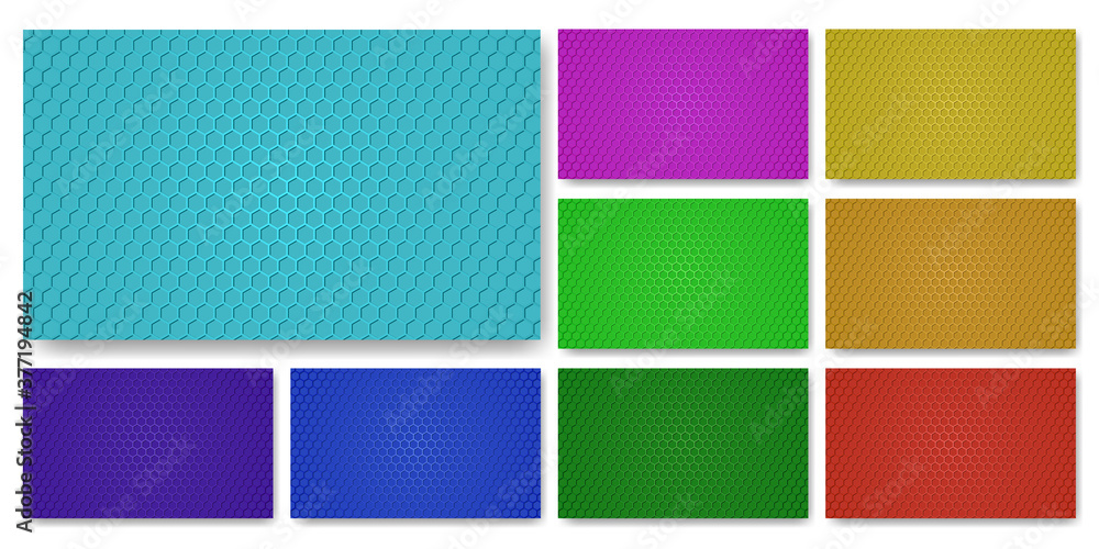 Colorful textured backgrounds collection. Colored carbon fiber texture set. Multicolored metallic hexagon texture steel background. Honeycomb web design template.