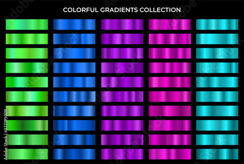 Colorful gradients collection. Green, blue, violet, purple and turquoise texture gradation backgrounds vector set. Shiny and bright gradient collection for gradient button, frame, ribbon and label.