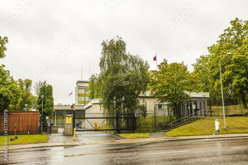 Landscape view of building of Russian Embassy in Stockholm on rainy autumn day.