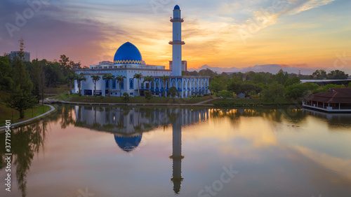 A sunrise scene of local muslim mosque taken via drone during a lockdown from Kuala Lumpur, Malaysia.