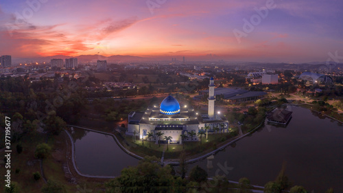 A sunrise scene of local muslim mosque taken via drone during a lockdown from Kuala Lumpur, Malaysia.