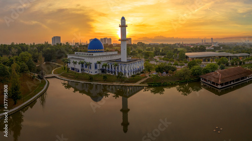 Photography A sunrise scene of local muslim mosque taken via drone during a lockdown from Kuala Lumpur, Malaysia