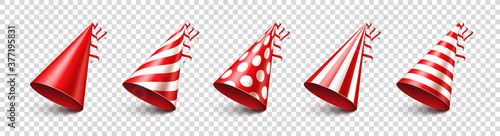 Party shiny hat with ribbon on transparent background. Holiday decoration. Birthday celebration. Vector illustration.