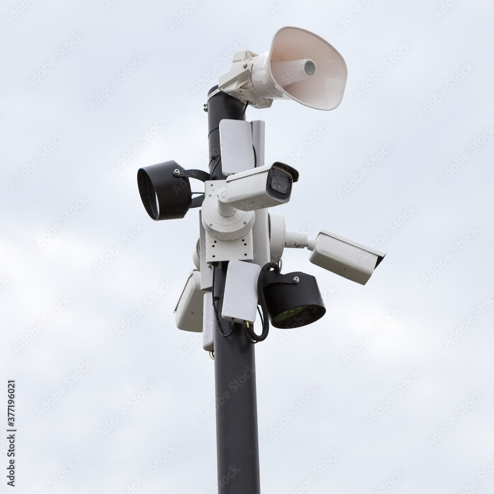 CCTV system and loudspeaker are on pole, urban protection and warning equipment CCTV system and loudspeaker are on pole, urban protection and warning equipment