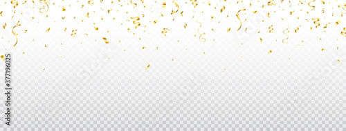 Golden confetti long banner. Falling gold confetti frame. Bright flying golden festive tinsel. Party luxury backdrop. Holiday design elements for web banner, poster, flyer. Vector illustration