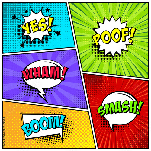 Cartoon comic backgrounds set. Speech bubble. Comics book colorful poster with halftone elements and text. Vector illustration.