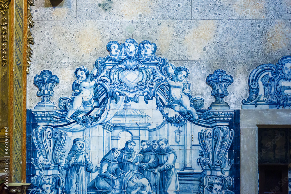 panels of azulejos on the walls of the Church Sao Juliao in setubal