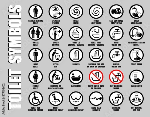 Full ISO set vector icons of public toilet signs. Round symbols of men, women, unisex gender restroom pictograms with WC equipment