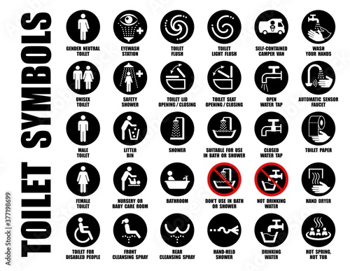 Vector collection of black WC pictograms isolated on white, Symbols of hand wash, water tap, mobile toilet, bath, shower, bowl, paper, bin icons