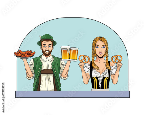 german couple wearing tyrolean suits with sausages and beers