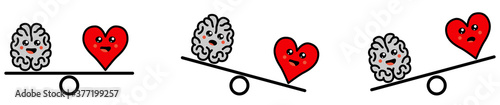 Cute Kawaii style brain and heart on weight scales, balanced or one side heavier version, emotions and rational thinking conflict concept