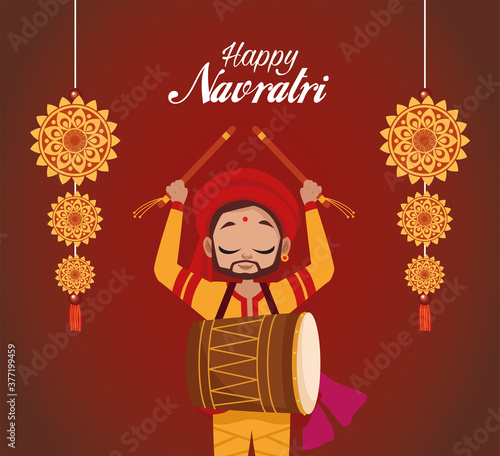 happy navratri celebration lettering with man playing drum