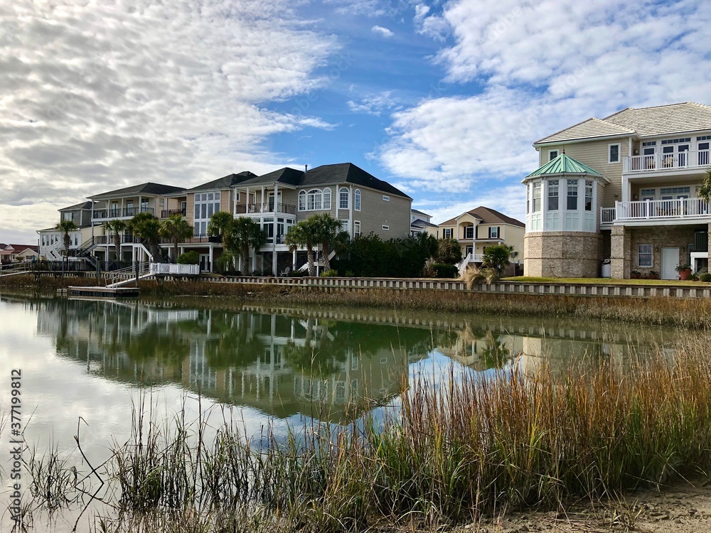 Waterfront luxury townhouse next to the Heritage Shores Nature Preserve, located at entrance to the park,  in North Myrtle Beach, South Carolina.  