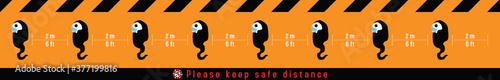 Please keep safe distance sign to help reduce the spread of covid-19 coronavirus concept. Respect physical distancing 6 feet or 2 meters floor sticker for stores and supermarkets on Halloween. Vector