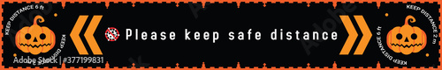 Please keep safe distance sign to help reduce the spread of covid-19 coronavirus concept. Respect physical distancing 6 feet or 2 meters floor sticker for stores and supermarkets on Halloween. Vector