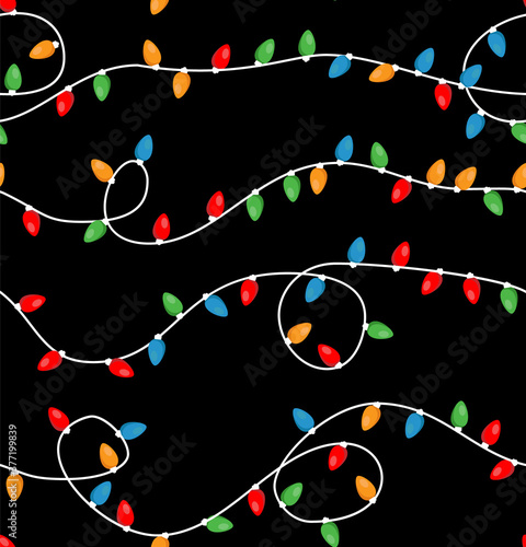 Red and Green Holiday Christmas and New Year Intertwined String Colorful Lights on White Background Vector Seamless Pattern. Winter Holiday Print