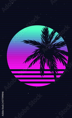 New etro Wave Artwork with Palm Tree, Sunset and Stars