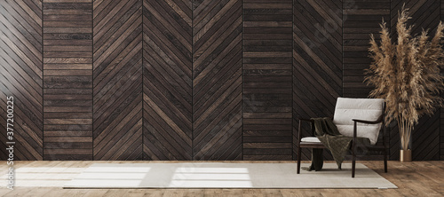 Fototapeta Naklejka Na Ścianę i Meble -  Empty modern room interior mock up with wooden decorative panel on the wall and wooden chair with blanket, living room interior background, 3d rendering