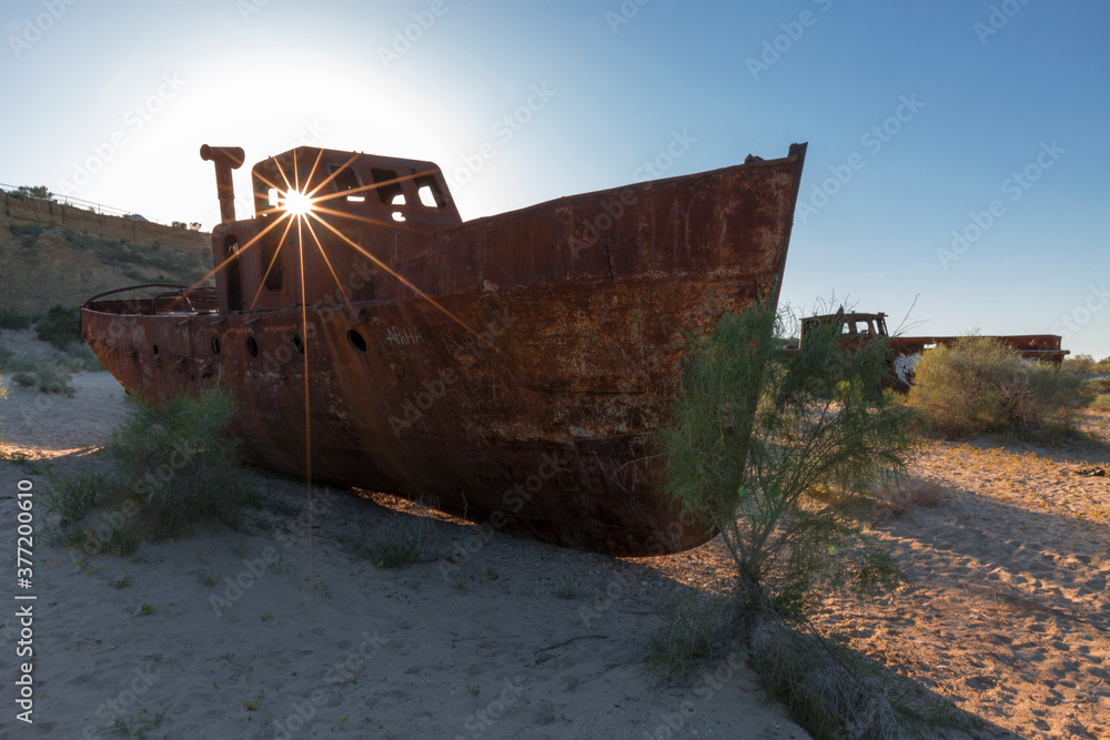 Rusty ships that rested on the bottom of the Aral Sea after its waters have dried out.