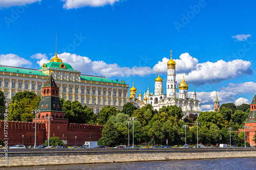 Kremlin with the Grand Kremlin Palace and Ivan the Great bell tower against a blue sky