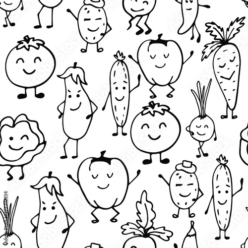 Cartoon vegetables pattern. Seamless vector illustration of vegetables on a white background.