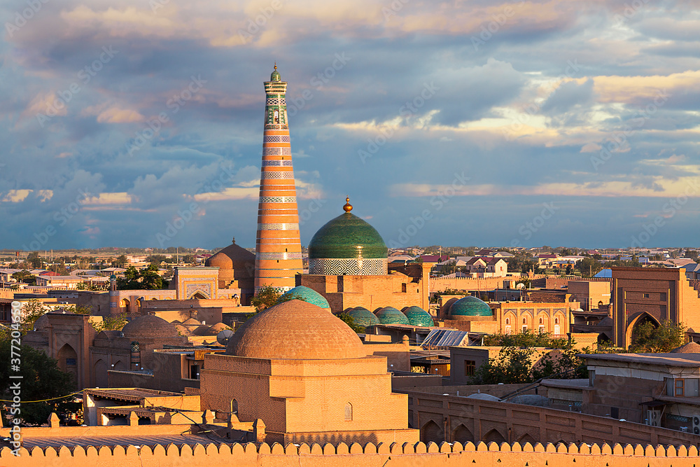 Skyline of the ancient city of Khiva at the sunset, Uzbekistan.