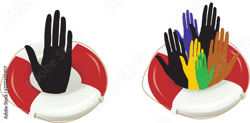 figures of human hands of various colors in the life buoy