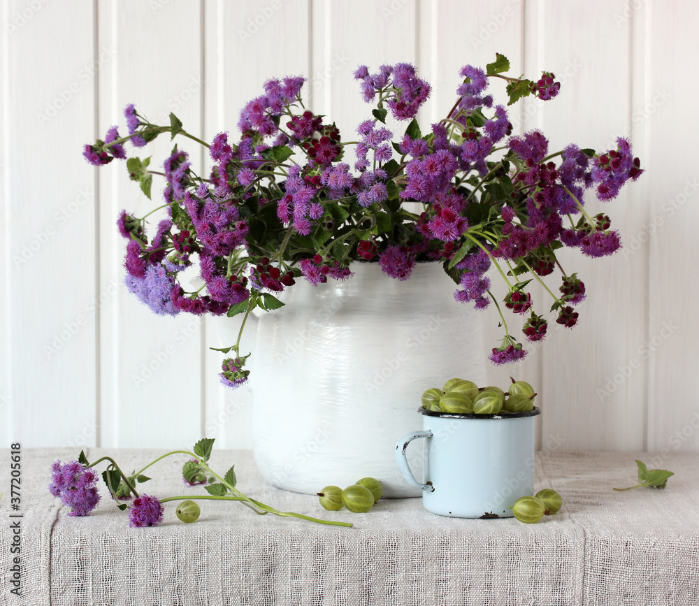 Fototapeta premium purple ageratum and green gooseberry. still life.