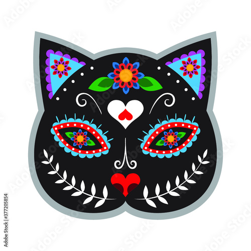 Black cat in mexican style for holiday the day of the dead or halloween.