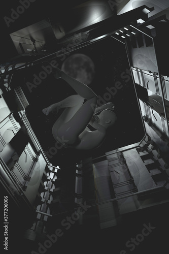 Fototapeta Naklejka Na Ścianę i Meble -  Mujer flotando en nave espacial con luna. Imagen del espacio oscuro.