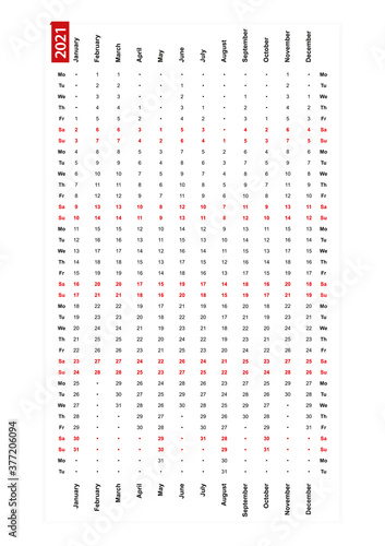 One row vertical calendar 2021, monday first day of the week.