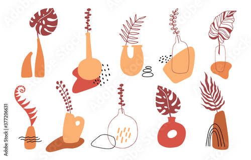 Set of abstract still life in pastel colors. Hand drawn vase, leaves, shapes. Collection of contemporary art. Abstract geometrical elements, shapes for print, social media, posters, postcards, flyer.