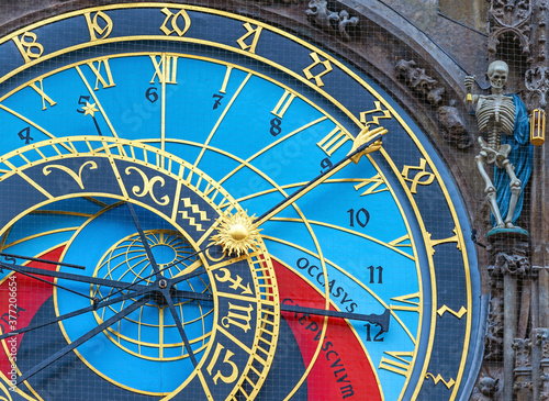 Photography Astronomical or Solar Clock with skeleton sculpture, Prague Old Town, Czech Republic