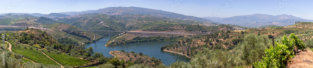 Panoramic aerial view at the Douro river on Regua, typical landscape of the highlands in the north of Portugal