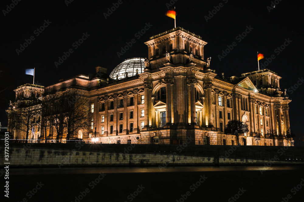Landscape view of the Reichstag at night