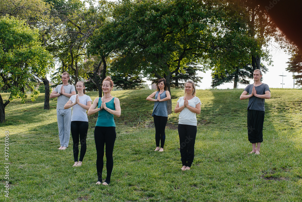 Obraz premium A group of people do yoga in the Park at sunset. Healthy lifestyle, meditation and Wellness