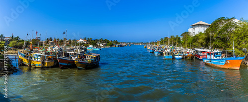 A view of fishing boats moored at the entrance to the lagoon in Negombo, Sri Lanka