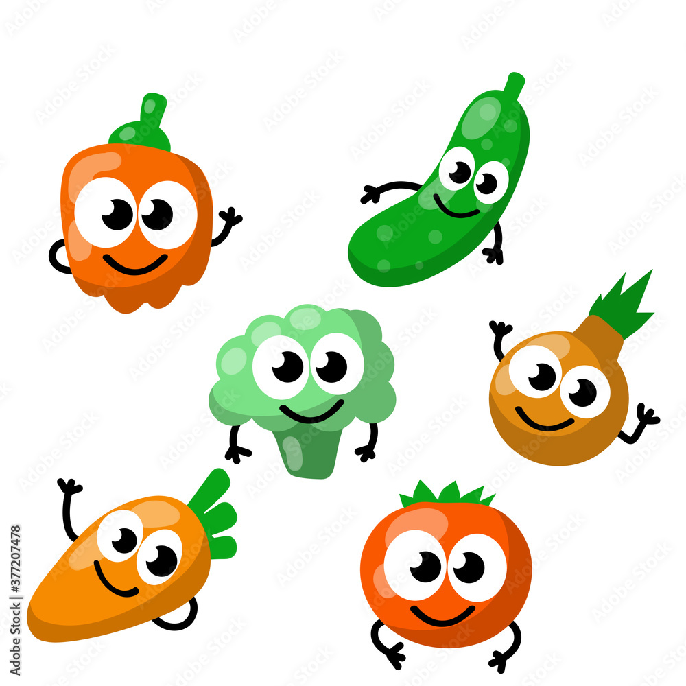 Set of vegetables. Harvest. Red, orange and green object. Cartoon flat illustration. Fresh natural village products. Tomato, pepper, onion, cucumber, broccoli, carrot Set of vegetables. Harvest. Red, orange and green object. Cartoon flat illustration. Fresh natural village products. Tomato, pepper, onion, cucumber, broccoli, carrot