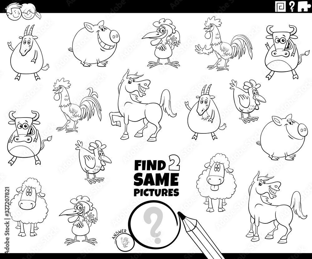 find two same farm animals task coloring book page
