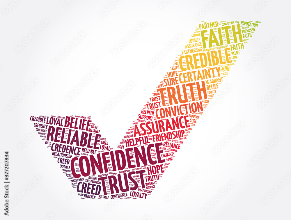 Confidence check mark word cloud collage, concept background Confidence check mark word cloud collage, concept background