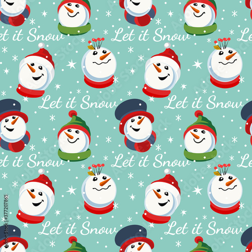 Cute snowman hand drawn vector seamless pattern