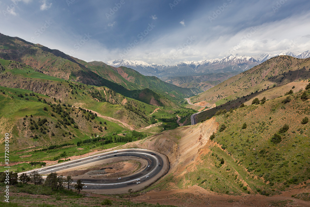 Winding roads and mountains between Tashkent and Fergana Valley in Uzbekistan