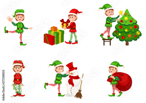 Christmas elf vector character set. Boy elves with green costume holding gifts and playing. Bundle of little Santa's helpers holding holiday gifts and decorations.