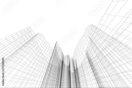Abstract architectural background. Linear 3D illustration. Concept sketch. Vector
