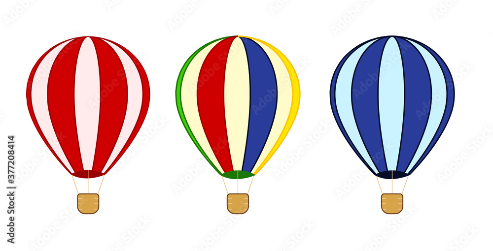 Hot Air Balloons. Flying transport with wings and flags, ballast on