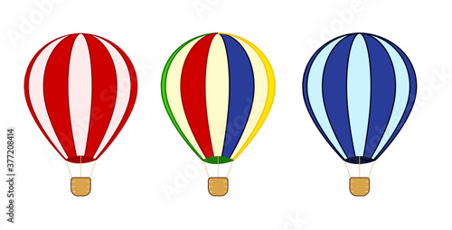 Hot Air Balloons. Flying transport with wings and flags, ballast on basket and striped balloon.