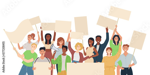 Crowd of protesting people with banners, flags. Political meeting and protest vector concept isolated. People taking part in parade or rally. Male and female protesters or activists. 
