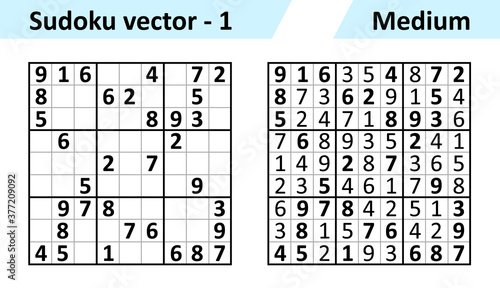 Sudoku game with answers. Simple vector design set Sudoku. Blank template. Complexity of the task is medium.